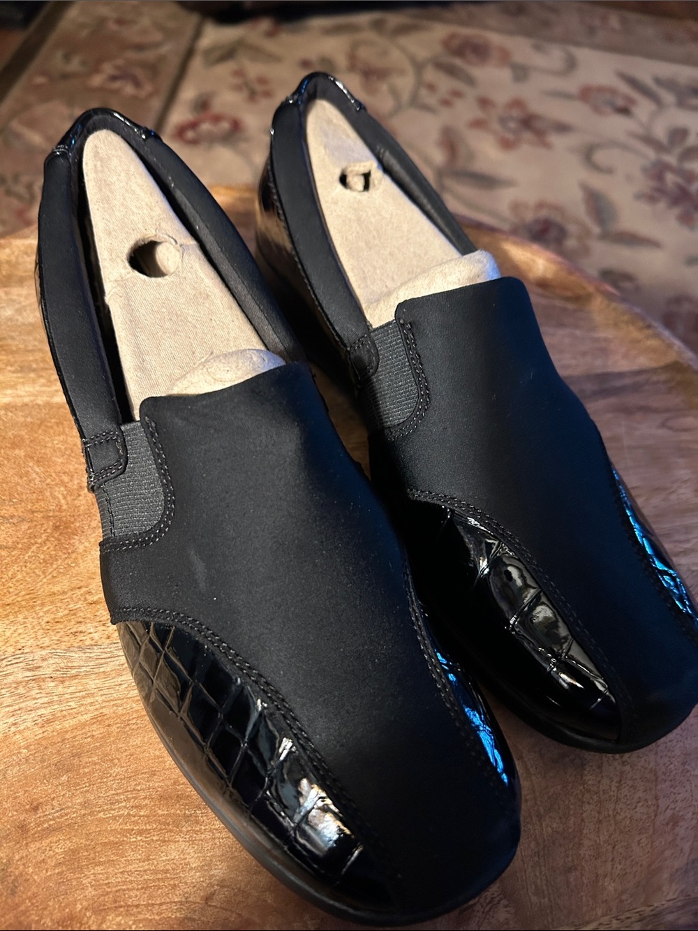 Clarks Black Slip-On Loafers with Patent Croc Detail